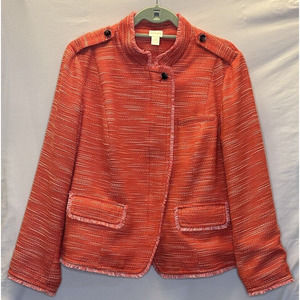 Chico's Tweed Jacket Off Center Zip Up Fringe Trim Orange Shoulder Button size 3